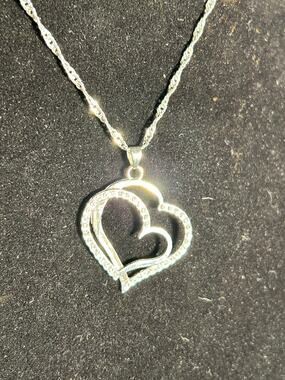 Silver Tone Double Hearts Pendant Necklace 16" Plus Extender Twisted Rope Chain